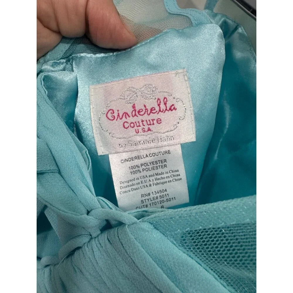 Cinderella Couture Girls Aqua Dress Size 6 With Jewel Embellished Waist & Ruched